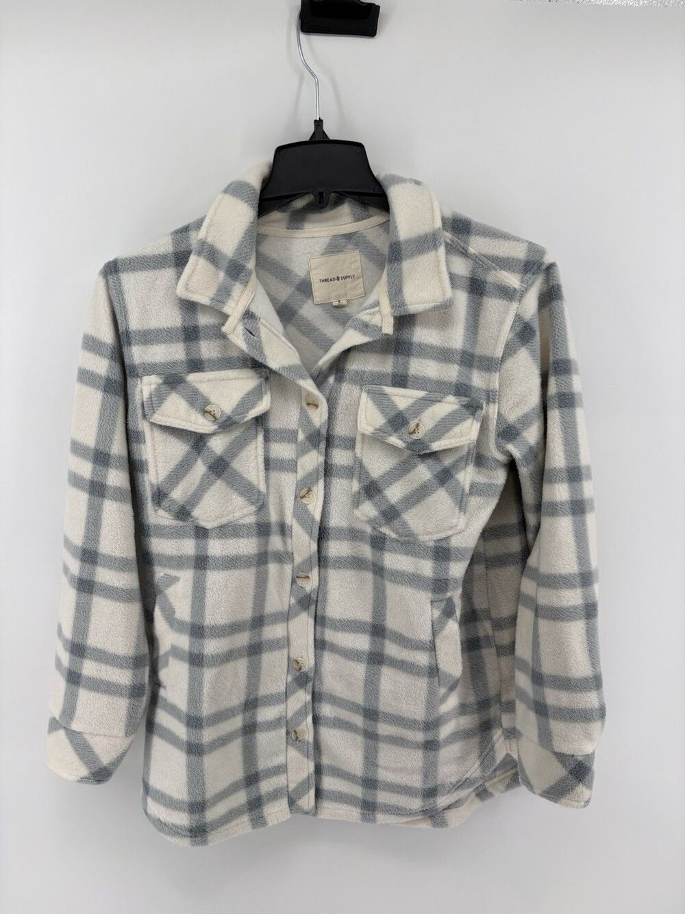 Thread & Supply Thick Fleece Button Up Jacket White Gray Plaid Size Small